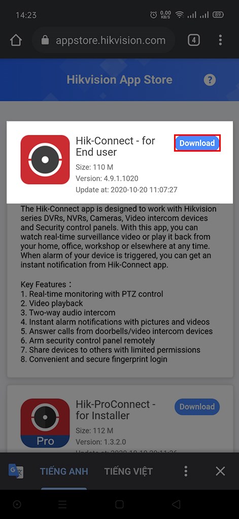 Vào trang HIKVISION App Store và nhấn download Vào trang HIKVISION App Store và nhấn download