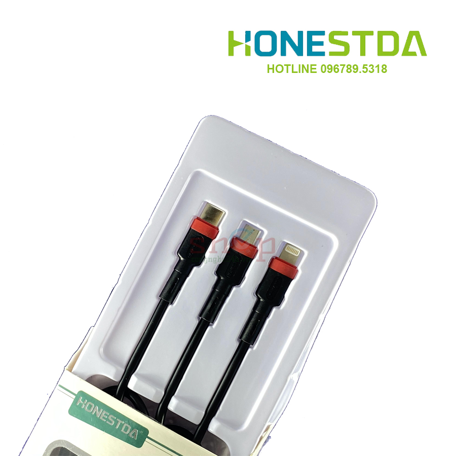 Cáp sạc 3 đầu Lightning Type-C Micro USB 1.2m Honestda TL018