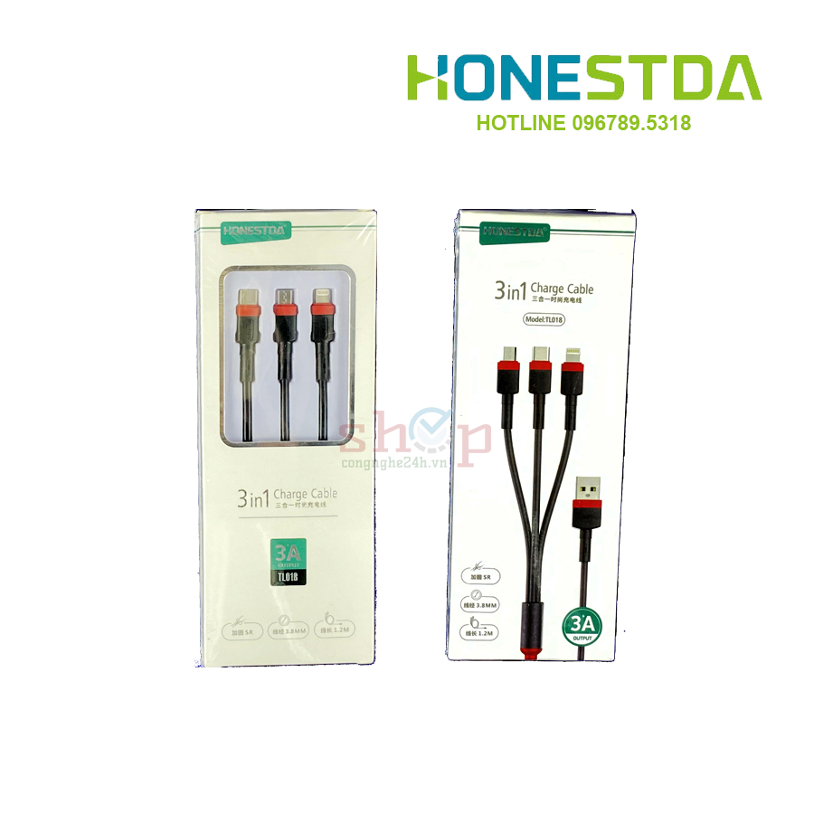 Cáp sạc 3 đầu Lightning Type-C Micro USB 1.2m Honestda TL018