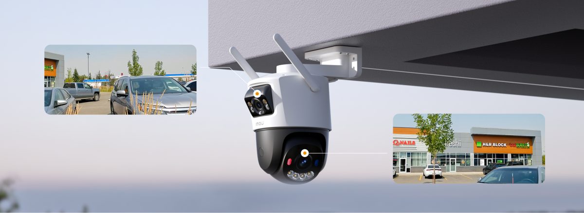 Cruiser Dual 2 Pro lắp dưới mái hiên, hai mắt quan sát bãi xe và cửa hàng