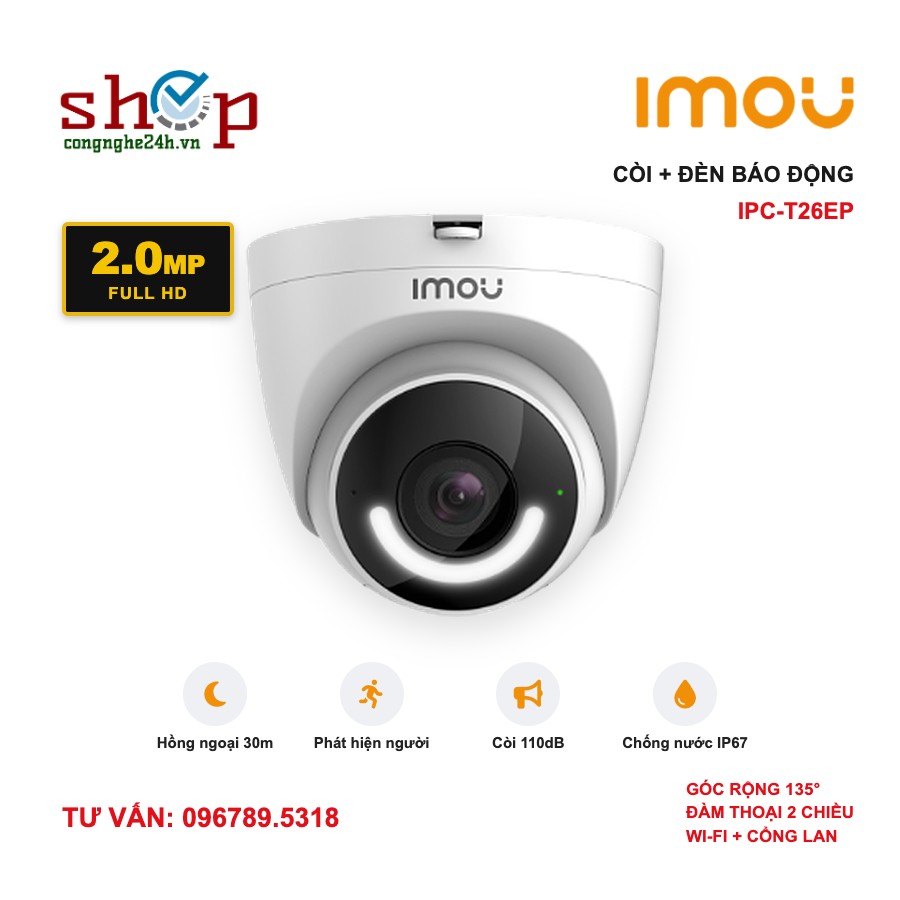 Camera Wifi Dome 2MP Imou Turret IPC-T26EP có còi và đèn báo động