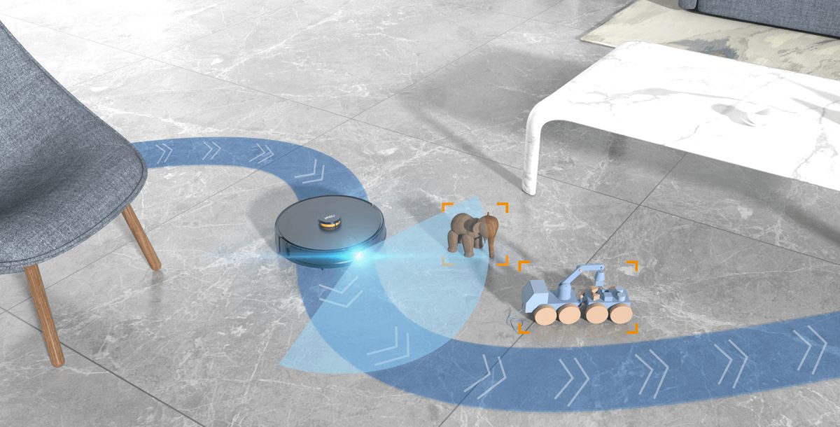 Robot đi vòng qua đồ vật trên sàn