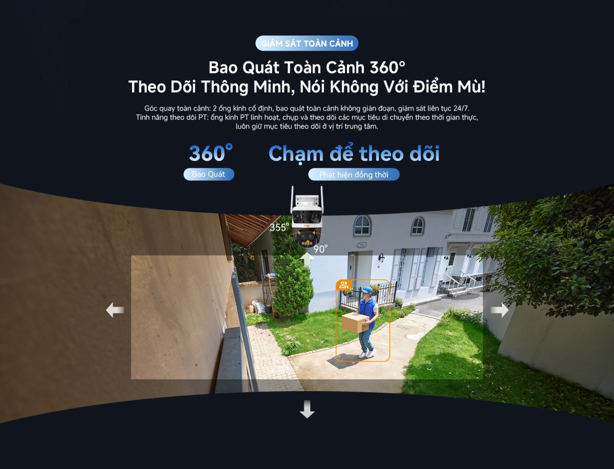 Toàn cảnh 360 độ quanh nhà, mắt quay quét bám theo người giao hàng