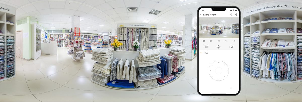 Toàn cảnh cửa hàng và màn hình điều khiển quay quét trên app