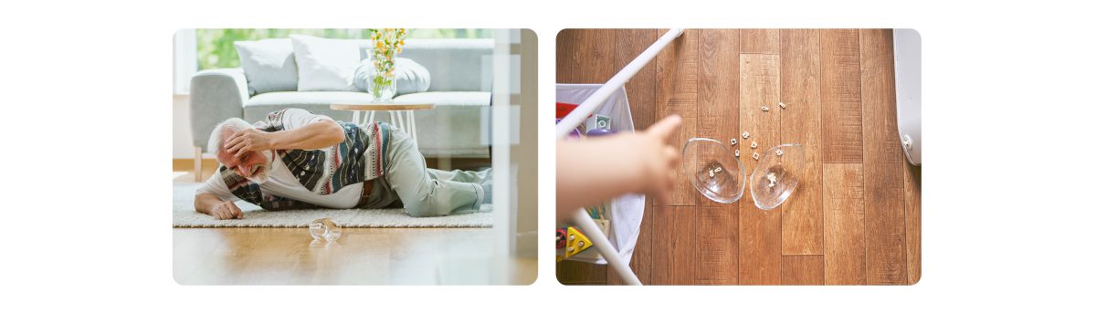 Người cao tuổi bị ngã và ly thuỷ tinh vỡ trên sàn