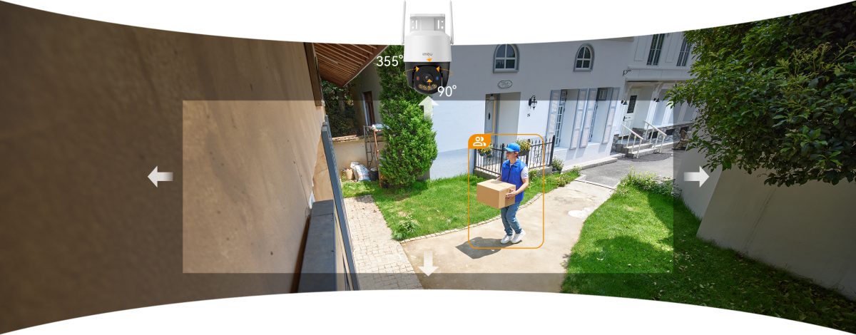 Camera xoay bám theo người giao hàng đi vào sân
