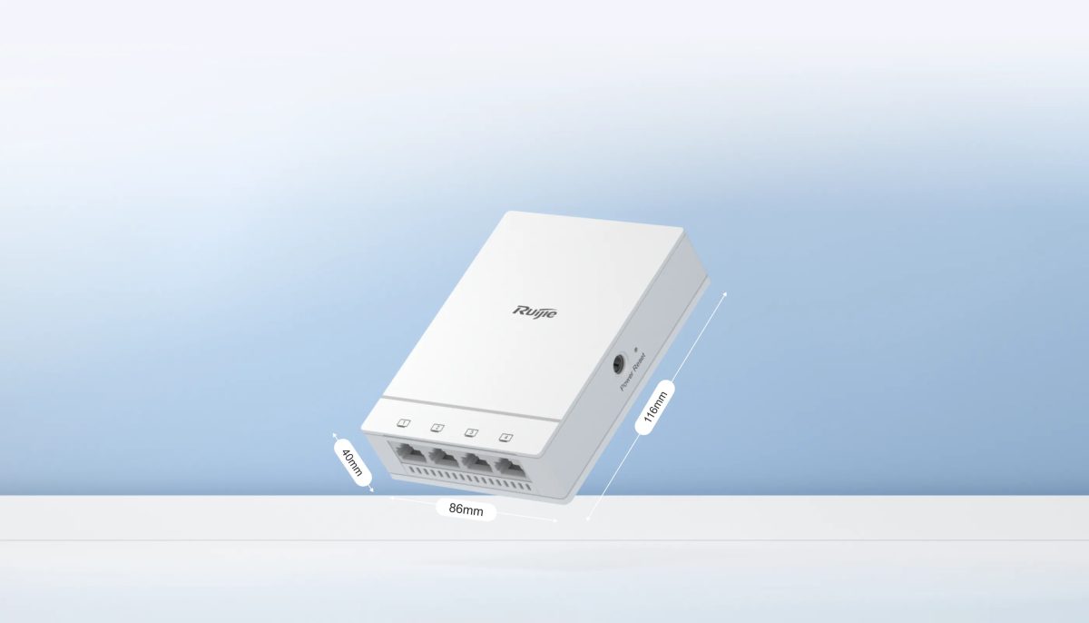 Ruijie RG-AP180 mặt 86 × 116mm, 4 cổng LAN Gigabit phía dưới, cổng nguồn DC bên cạnh