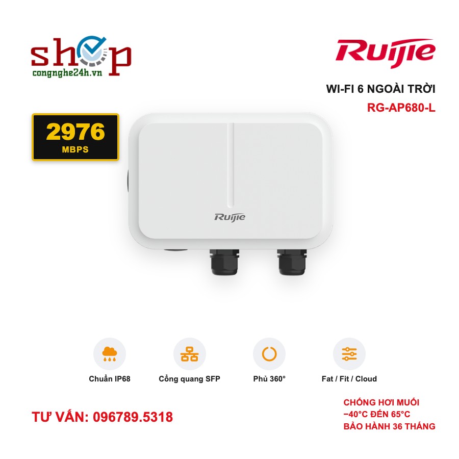 Bộ phát Wi-Fi 6 ngoài trời Ruijie RG-AP680-L 2976Mbps, IP68, cổng quang SFP
