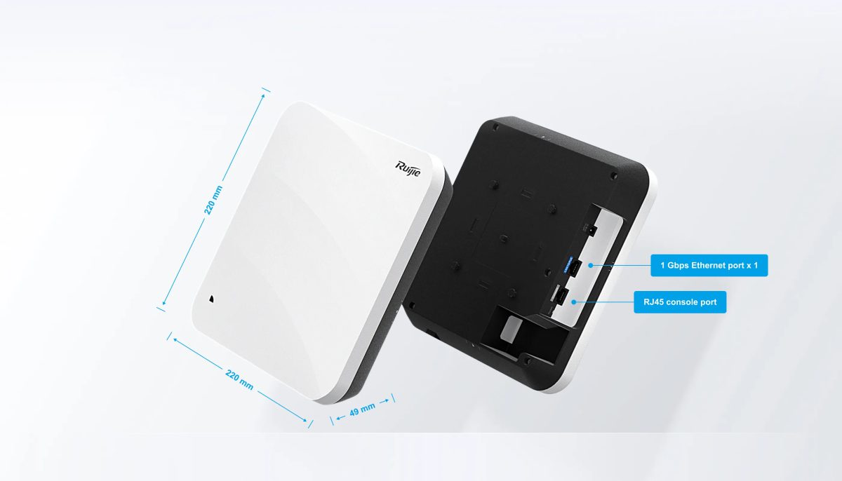 Ruijie RG-AP810-L kích thước 220 × 220 × 49mm, cổng Gigabit và cổng console