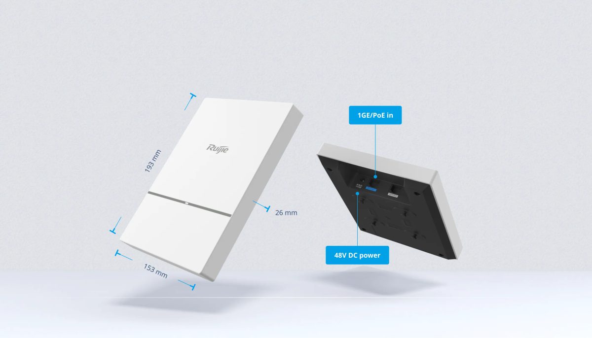 Ruijie RG-AP820-L(V2) kích thước 153 × 193 × 26mm, cổng Gigabit PoE và nguồn DC 48V ở mặt sau