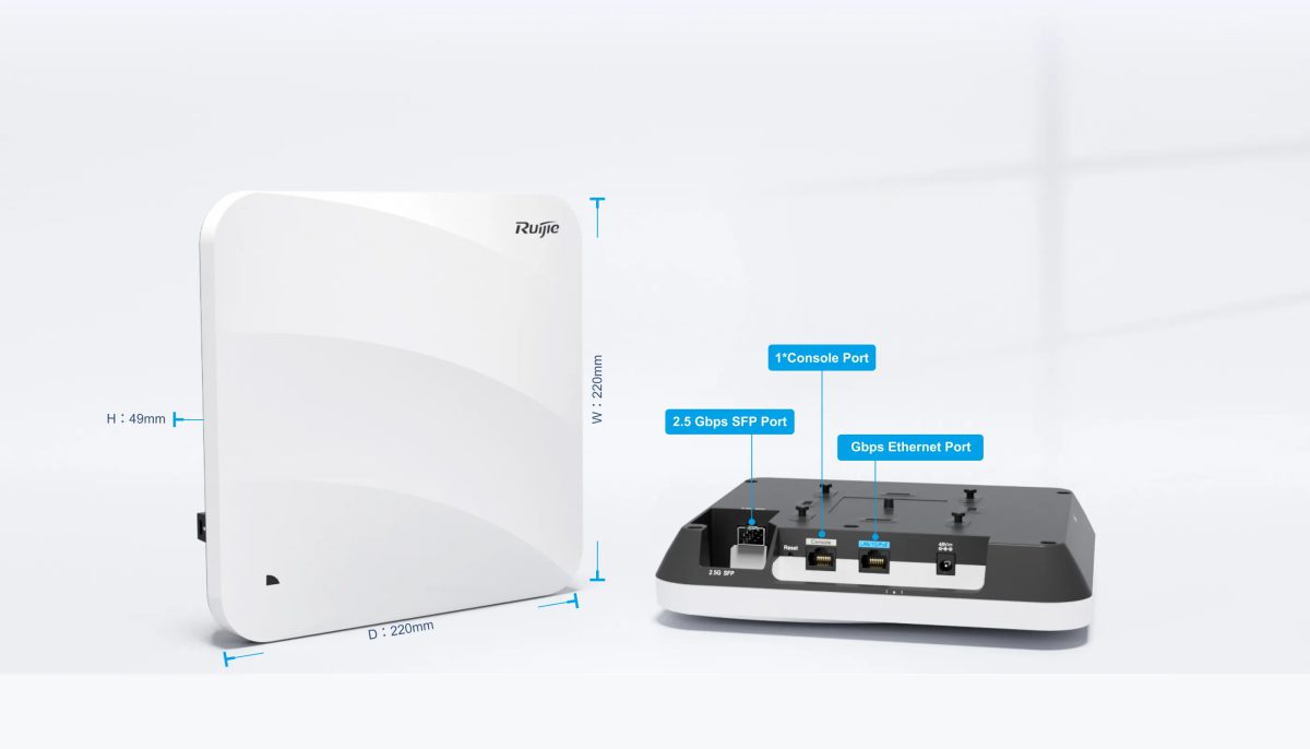 Ruijie RG-AP820-L(V3) kích thước 220 × 220 × 49mm, cổng SFP 2.5G, cổng Gigabit và console