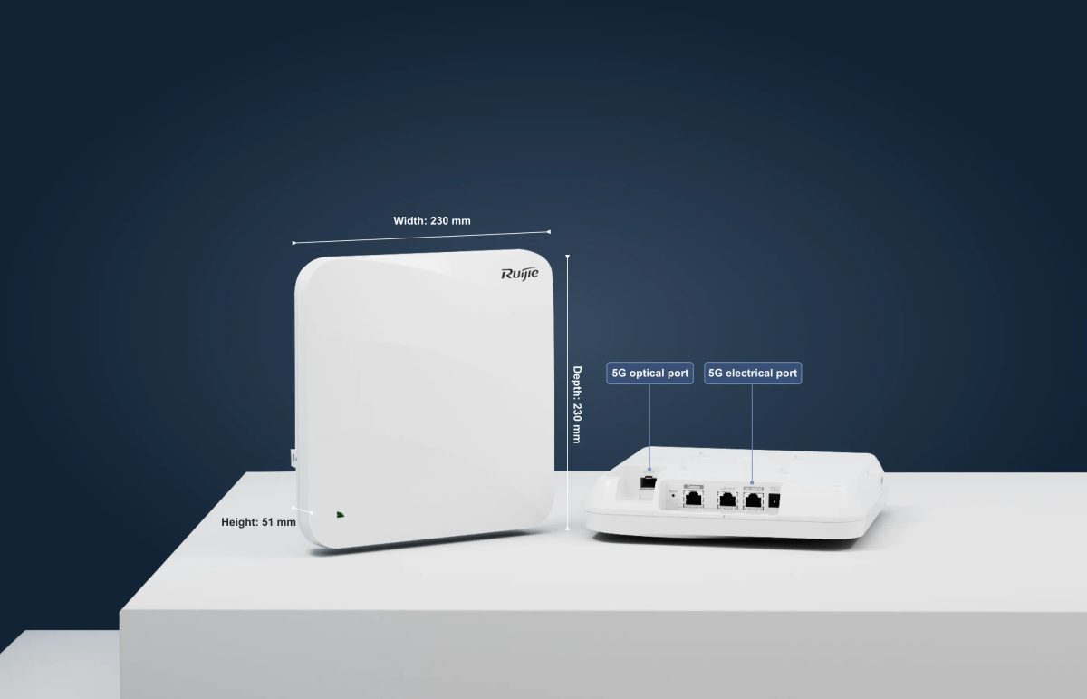 Ruijie RG-AP840-L kích thước 230 × 230 × 51mm, cổng 5G quang và cổng 5G điện
