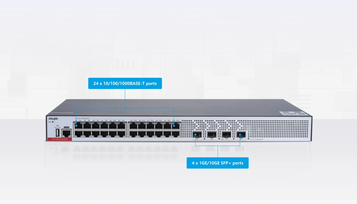 RG-CS83-24GT4XS: 24 cổng Gigabit và 4 cổng SFP+ 1G/10G ở mặt trước