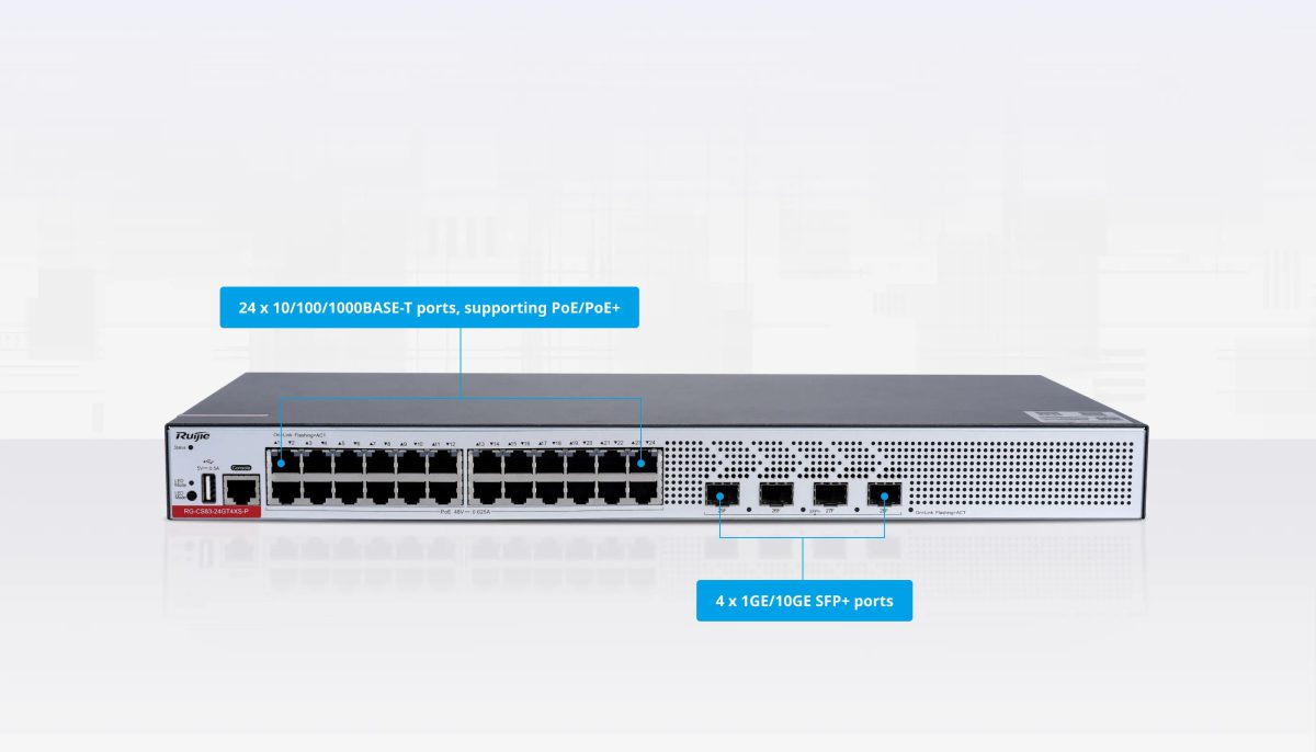 RG-CS83-24GT4XS-P: 24 cổng Gigabit PoE+ và 4 cổng SFP+ 1G/10G ở mặt trước