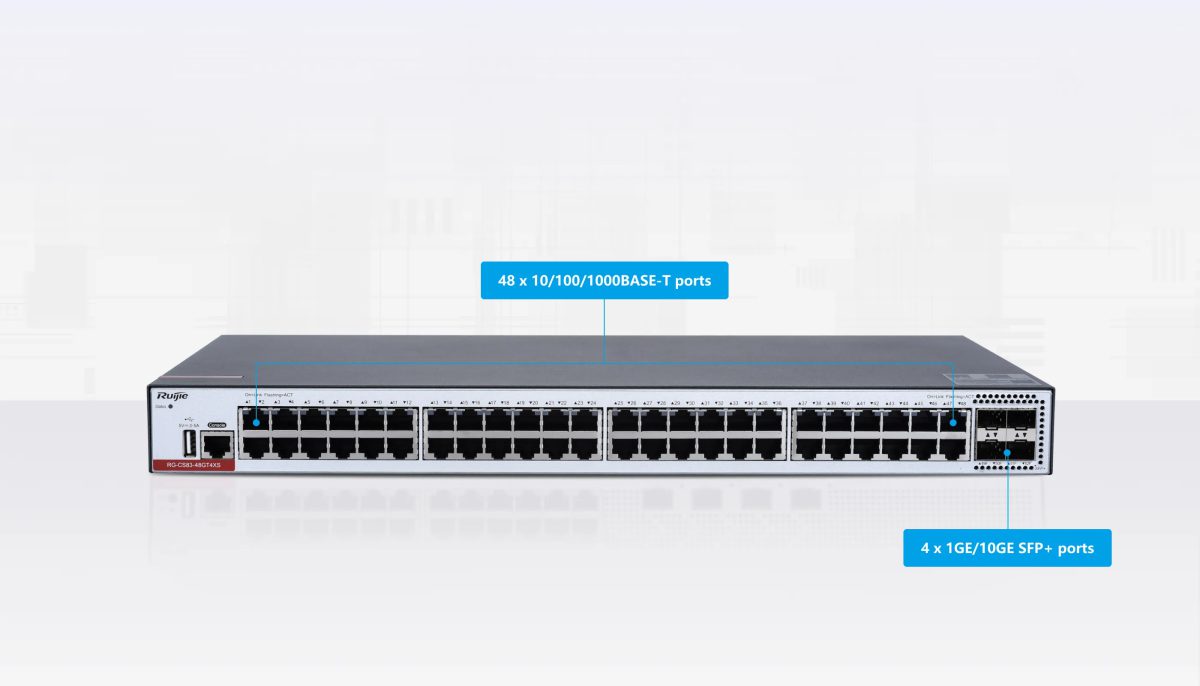 RG-CS83-48GT4XS: 48 cổng Gigabit và 4 cổng SFP+ 1G/10G ở mặt trước