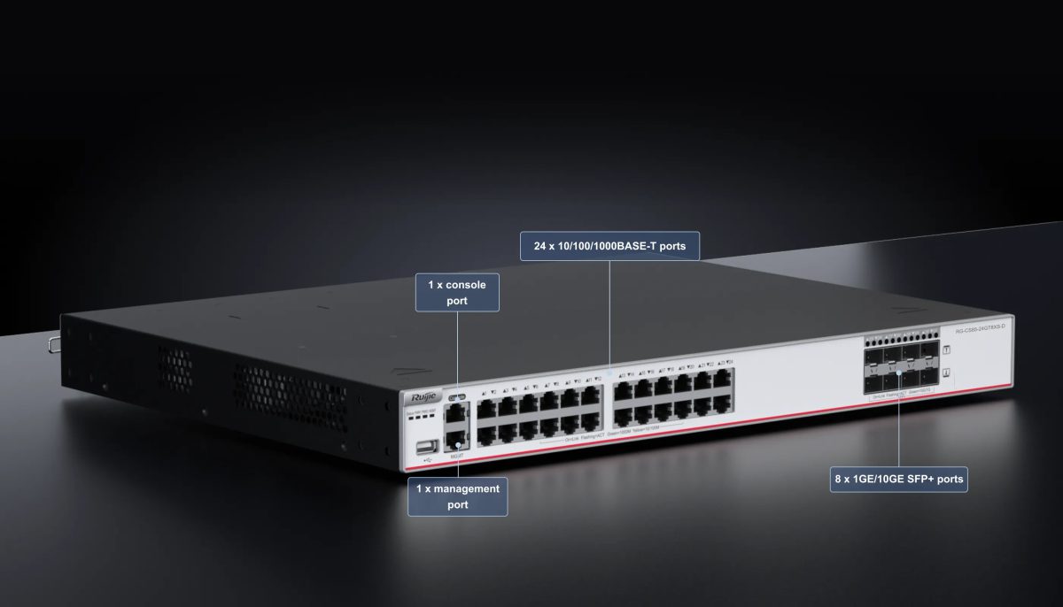 RG-CS85-24GT8XS-D: 24 cổng RJ45, 8 khe SFP+, cổng console và cổng quản lý
