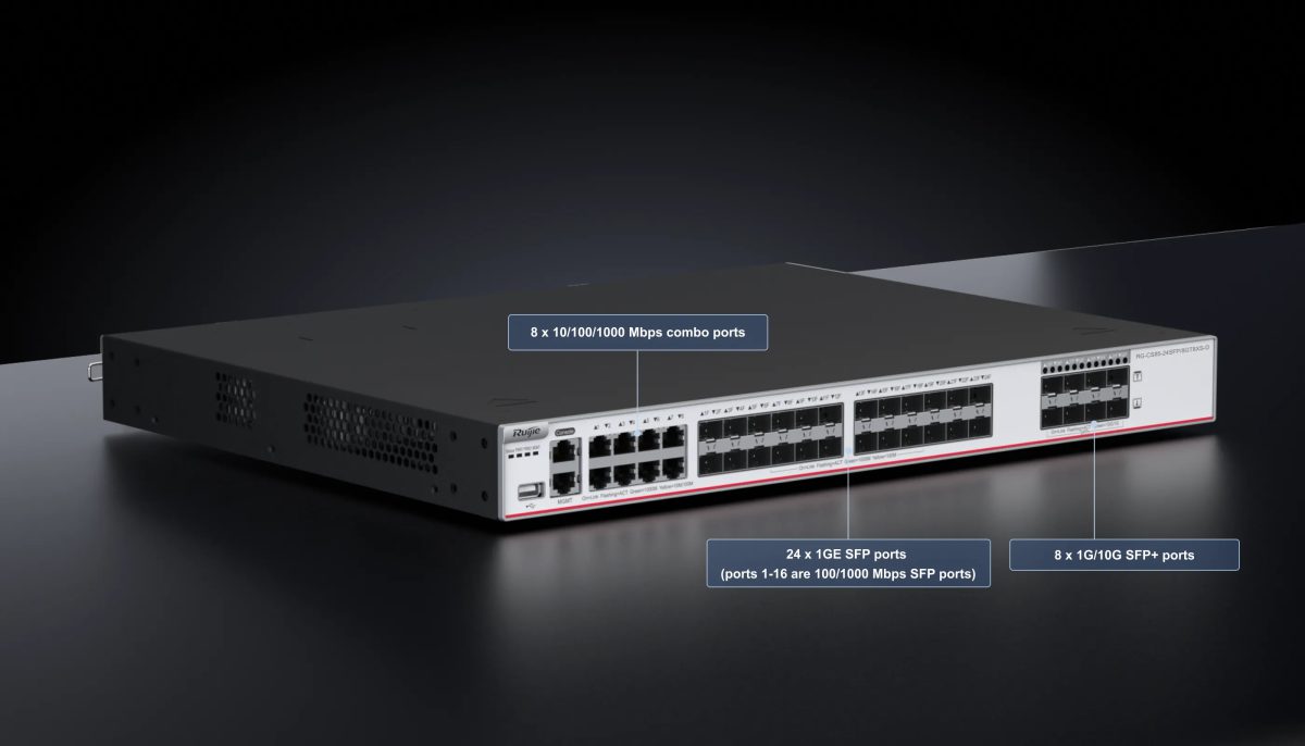 RG-CS85-24SFP/8GT8XS-D: 24 khe SFP, 8 cổng RJ45 combo, 8 khe SFP+, cổng console và cổng quản lý