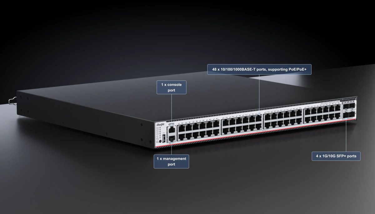 RG-CS85-48GT4XS-HPD: 48 cổng RJ45 PoE+, 4 khe SFP+, cổng console và cổng quản lý