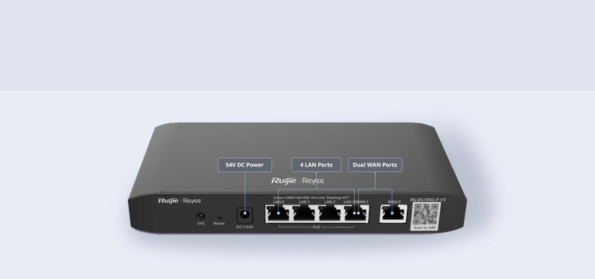 Mặt cổng Ruijie RG-EG105G-P-V3: nguồn DC 54V, 4 cổng LAN PoE, 2 cổng WAN