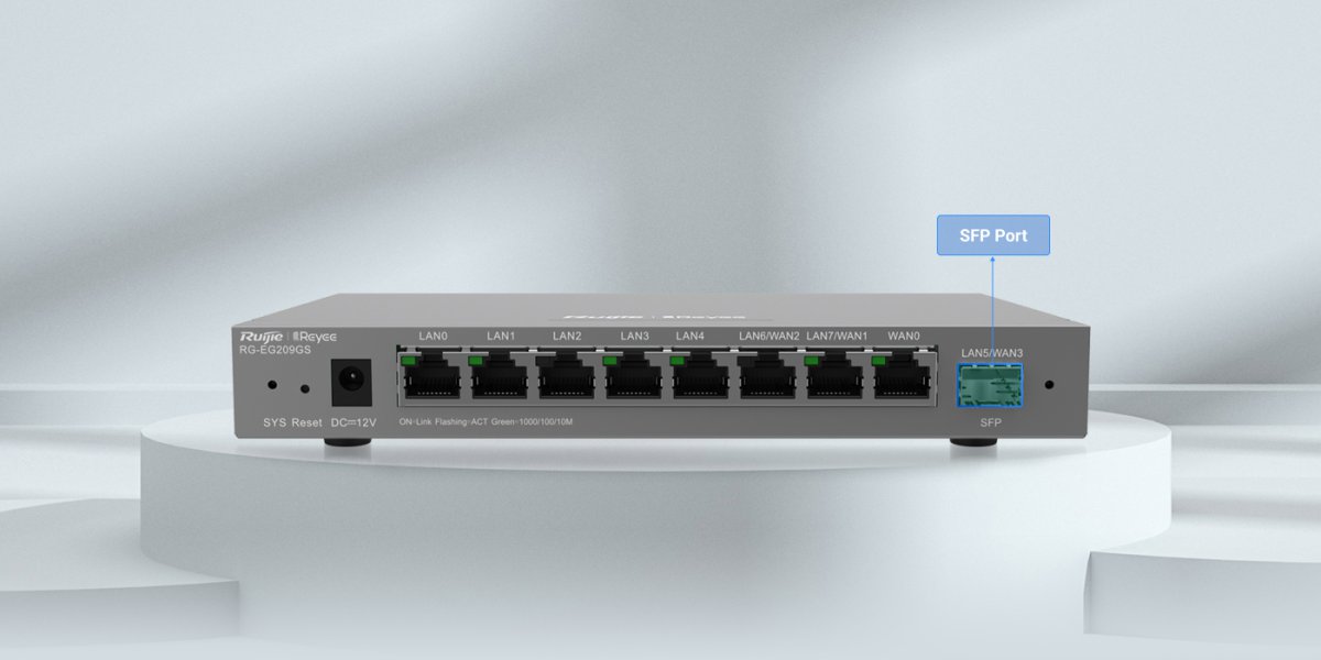 Mặt cổng Ruijie RG-EG209GS: 8 cổng Gigabit RJ45 và 1 cổng quang SFP LAN/WAN