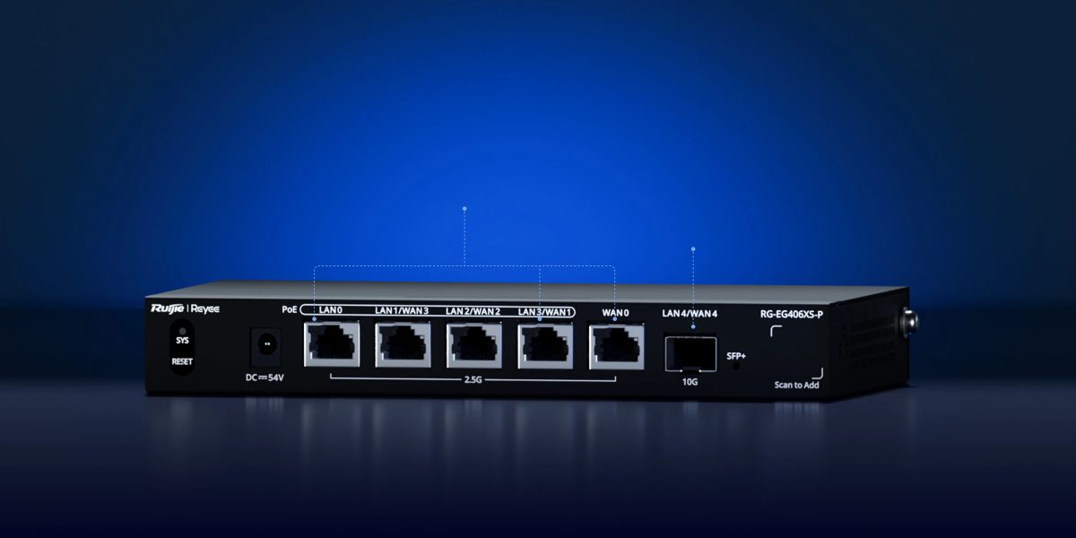 Mặt cổng Ruijie RG-EG406XS-P: 4 cổng PoE 2.5G, cổng WAN 2.5G, cổng SFP+ 10G, nguồn DC 54V