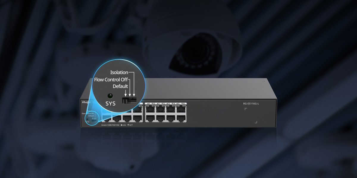 Công tắc chọn chế độ Default, Flow Control Off, Isolation ở mặt trước switch Reyee