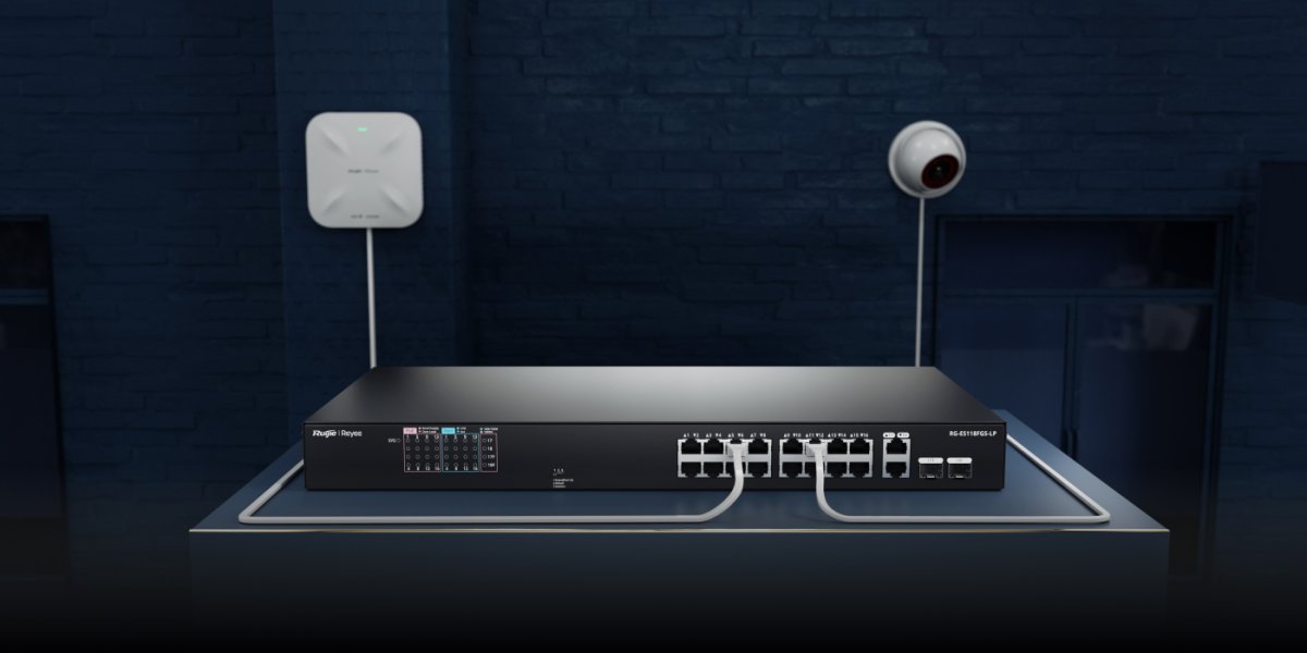 Switch PoE Ruijie Reyee RG-ES118FGS-LP cấp nguồn cho camera và Wi‑Fi