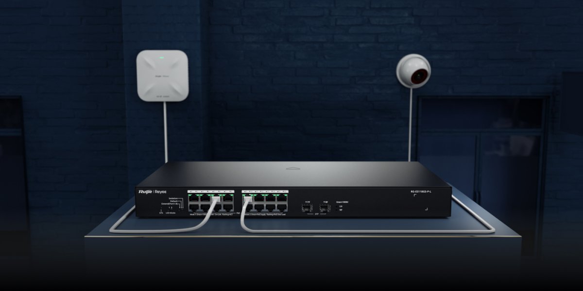 Switch PoE Ruijie Reyee RG-ES118GS-P-L cấp nguồn cho camera và Wi‑Fi