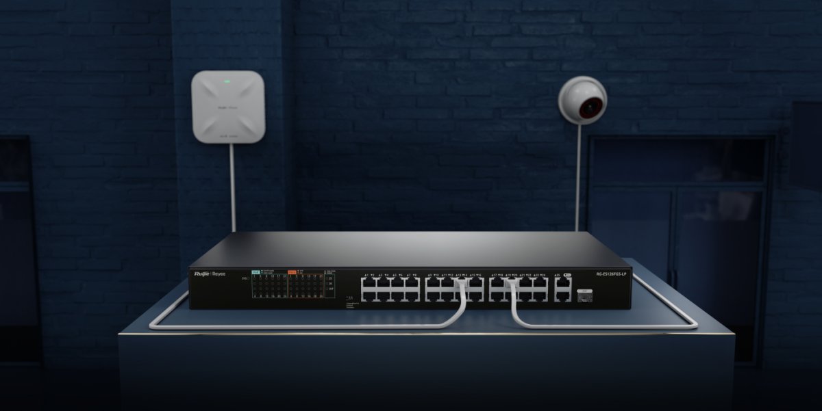 Switch PoE Ruijie Reyee RG-ES126FGS-LP cấp nguồn cho camera và Wi‑Fi