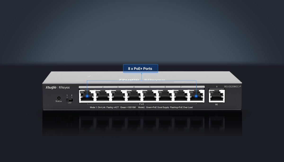 Switch Ruijie Reyee RG-ES209GC-P mặt trước – 8 cổng PoE+