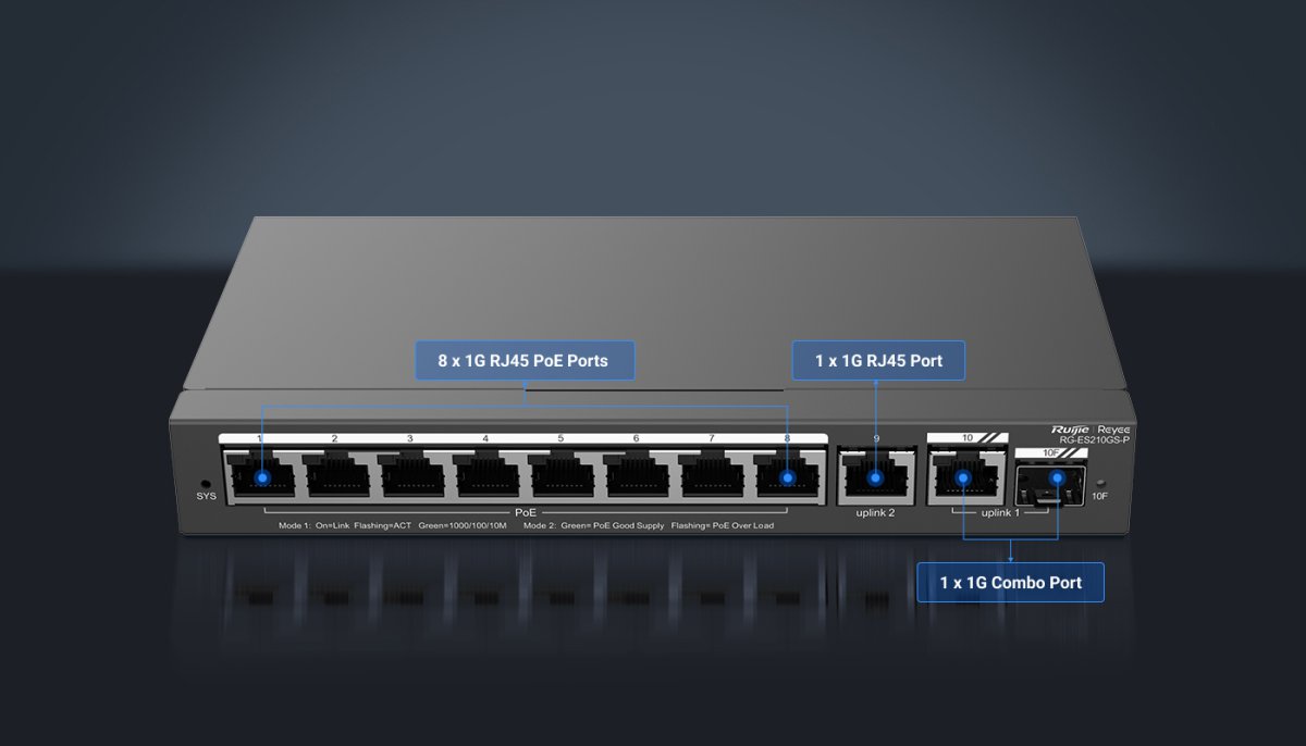 Switch Ruijie Reyee RG-ES210GS-P mặt trước – 8 cổng PoE+
