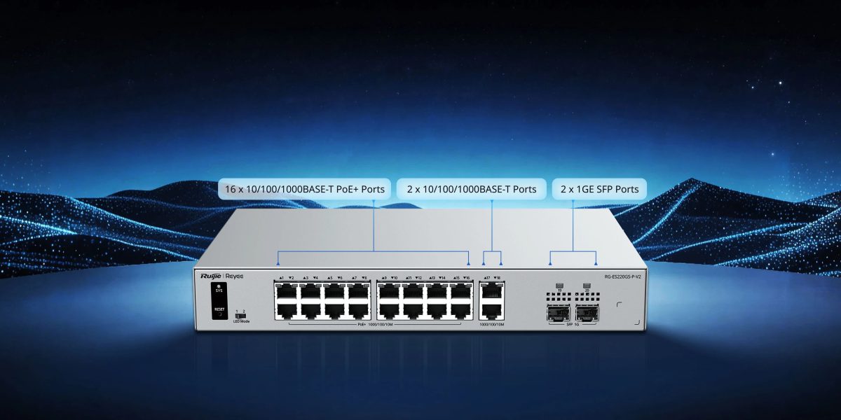 Switch Ruijie Reyee RG-ES220GS-P mặt trước – 16 cổng PoE+
