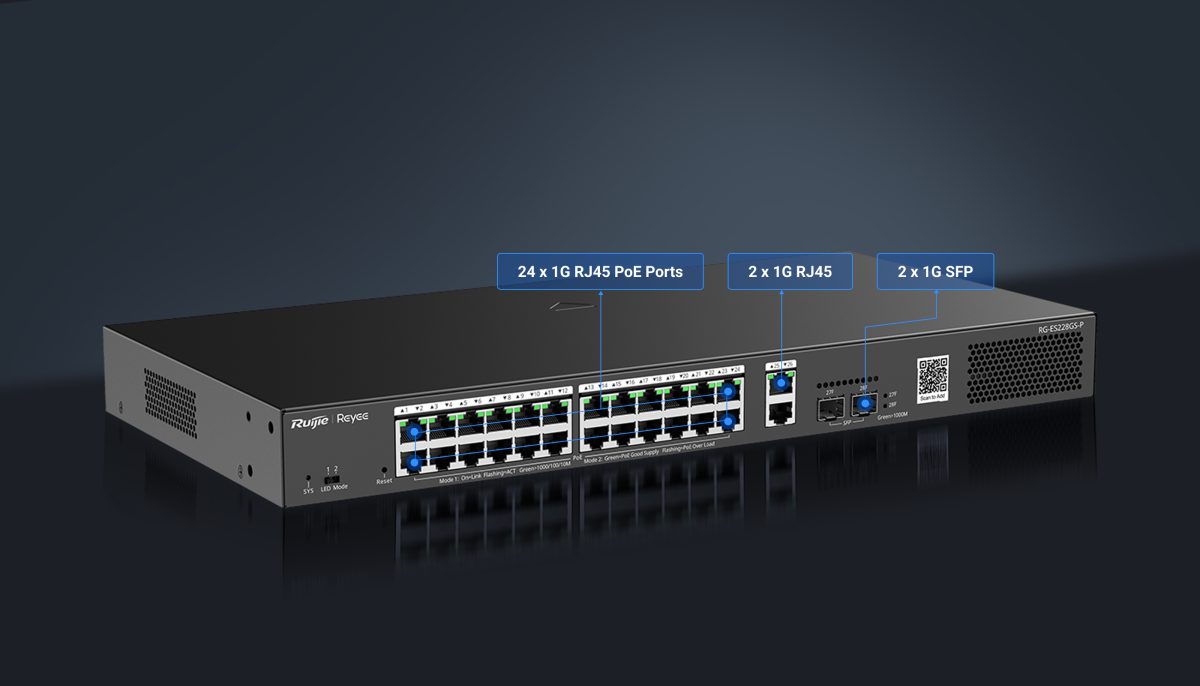 Switch Ruijie Reyee RG-ES228GS-P mặt trước – 24 cổng PoE+