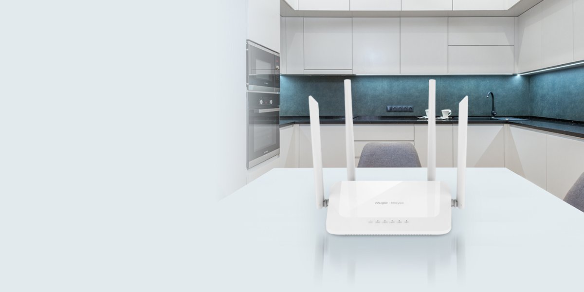 Router Wi‑Fi Ruijie Reyee RG-EW1200 màu trắng, 4 ăng-ten, đặt trong bếp