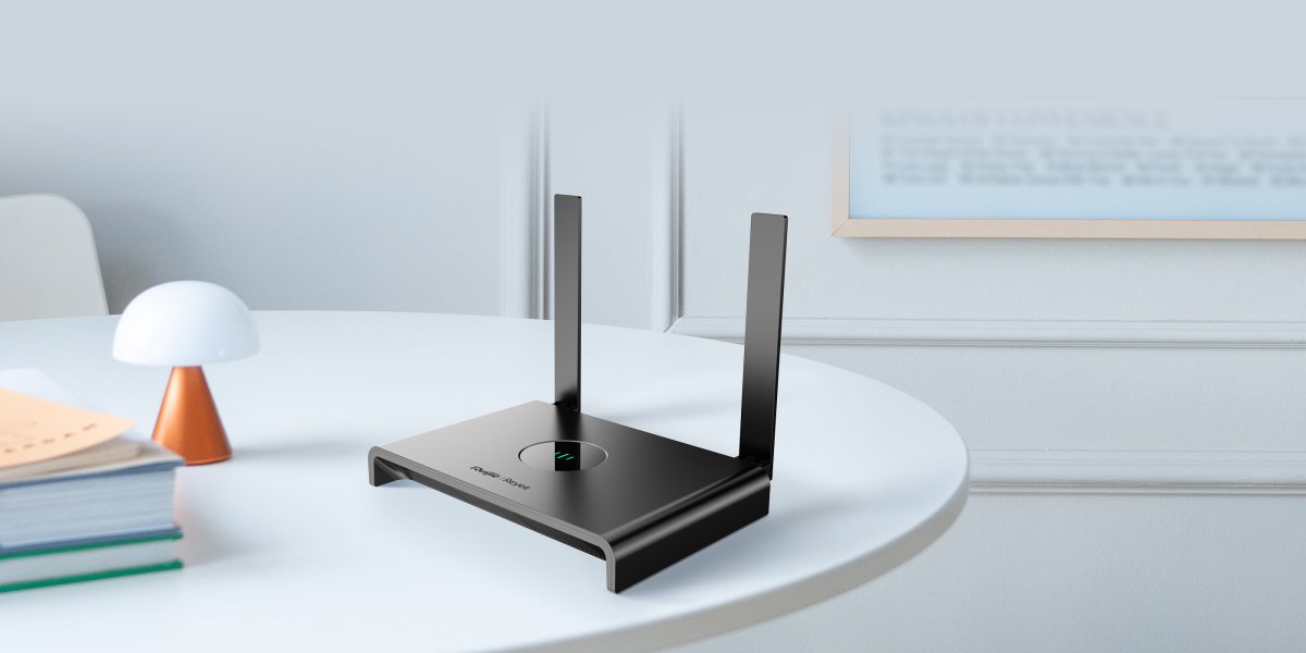 Router Wi‑Fi Ruijie Reyee RG-EW300N màu đen, 2 ăng-ten, đặt trên bàn