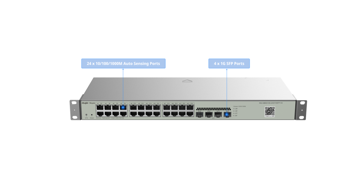 Switch Ruijie Reyee RG-NBS3100-24GT4SFP-V2 – mặt trước với 24 cổng Gigabit và 4 cổng SFP 1G