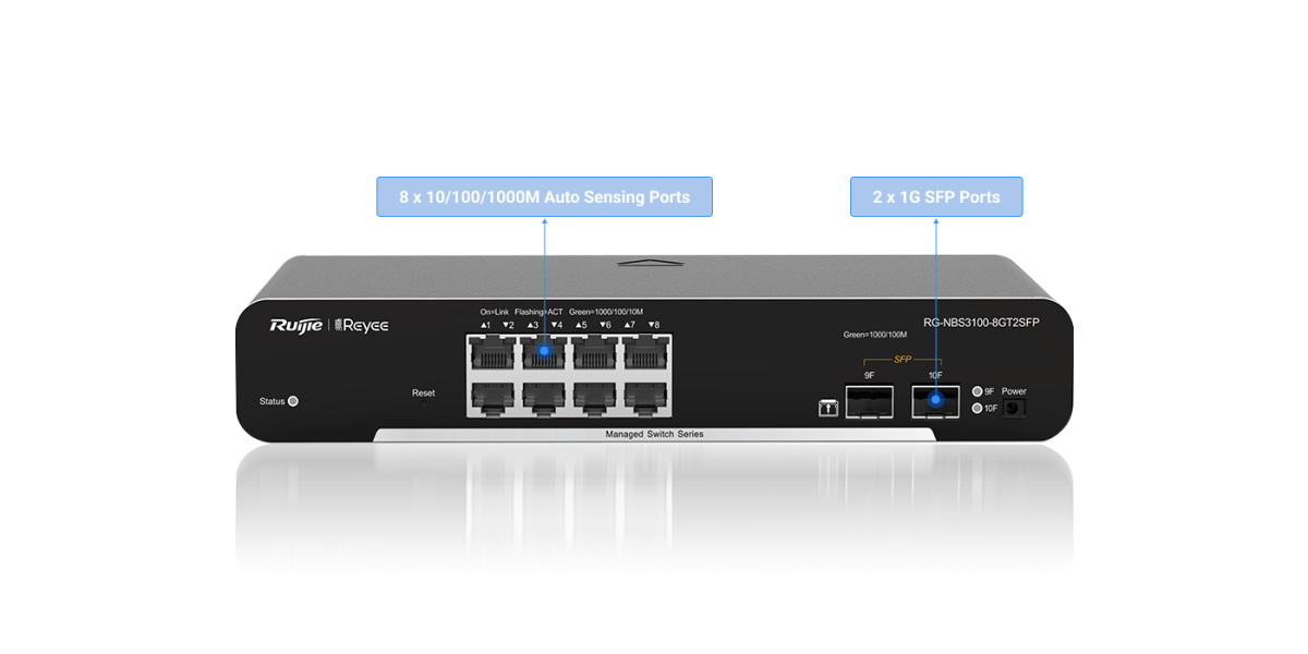 Switch Ruijie Reyee RG-NBS3100-8GT2SFP – mặt trước với 8 cổng Gigabit và 2 cổng SFP 1G