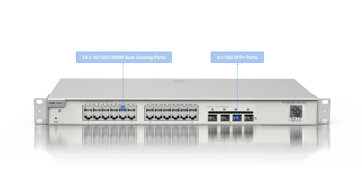 Switch Ruijie Reyee RG-NBS3200-24GT4XS – mặt trước với 24 cổng Gigabit và 4 cổng SFP+ 10G
