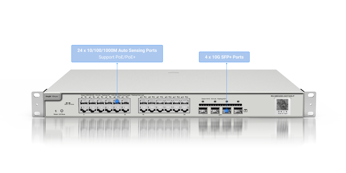 Switch Ruijie Reyee RG-NBS3200-24GT4XS-P – mặt trước với 24 cổng Gigabit và 4 cổng SFP+ 10G