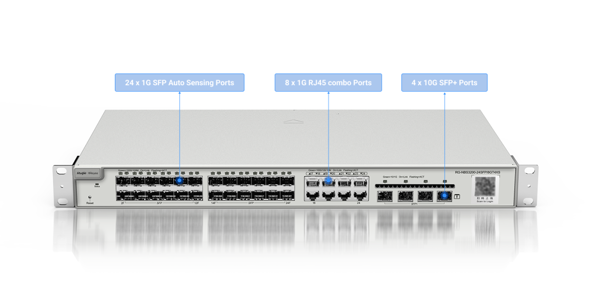 Switch Ruijie Reyee RG-NBS3200-24SFP/8GT4XS – mặt trước với 24 cổng SFP, 8 cổng combo RJ45 và 4 cổng SFP+ 10G