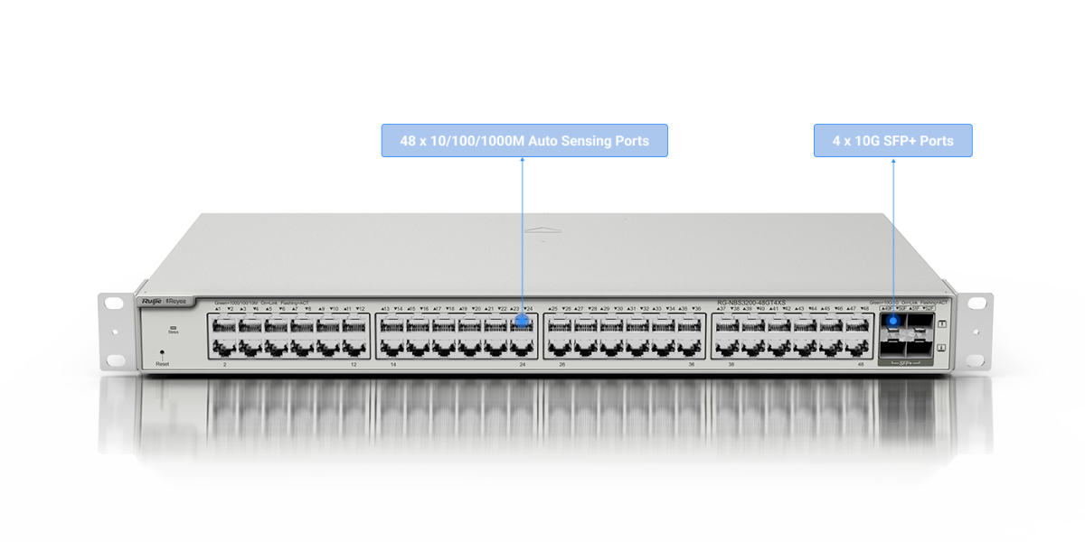Switch Ruijie Reyee RG-NBS3200-48GT4XS – mặt trước với 48 cổng Gigabit và 4 cổng SFP+ 10G