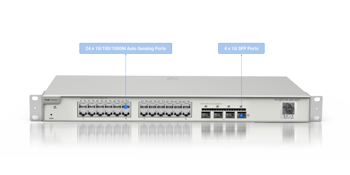 Switch Ruijie Reyee RG-NBS5100-24GT4SFP – mặt trước với 24 cổng Gigabit và 4 cổng SFP 1G