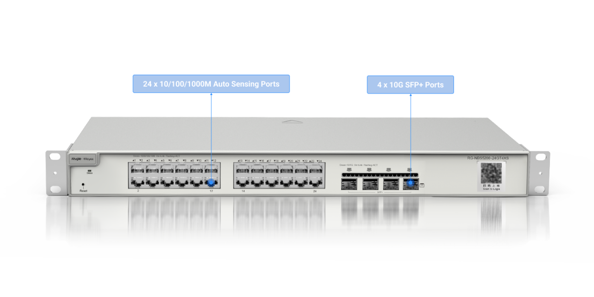 Switch Ruijie Reyee RG-NBS5200-24GT4XS – mặt trước với 24 cổng Gigabit và 4 cổng SFP+ 10G