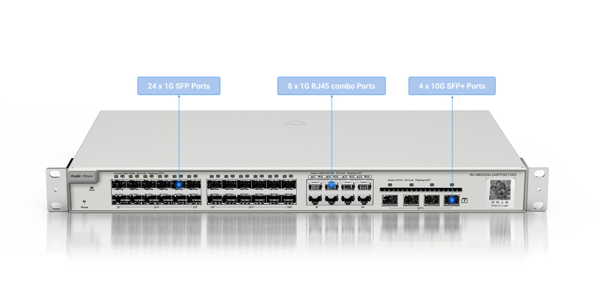 Switch Ruijie Reyee RG-NBS5200-24SFP/8GT4XS – mặt trước với 24 cổng SFP, 8 cổng combo RJ45 và 4 cổng SFP+ 10G
