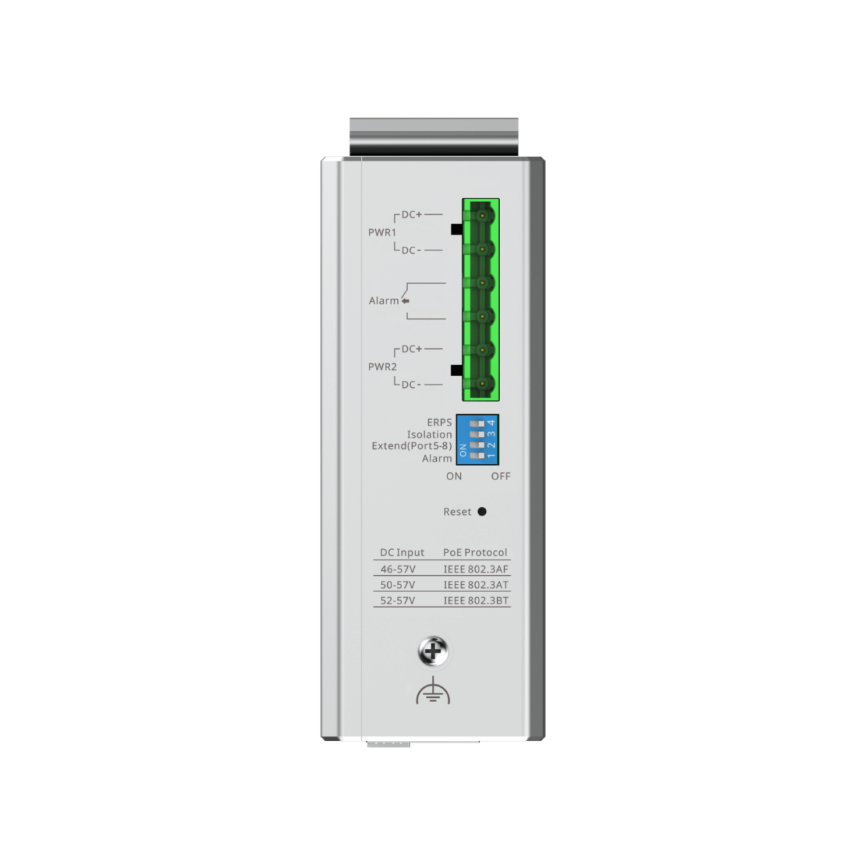 Mặt trên switch RG-NIS2100-8GT2SFP-HP: cầu đấu nguồn DC, công tắc DIP, nhãn điện áp