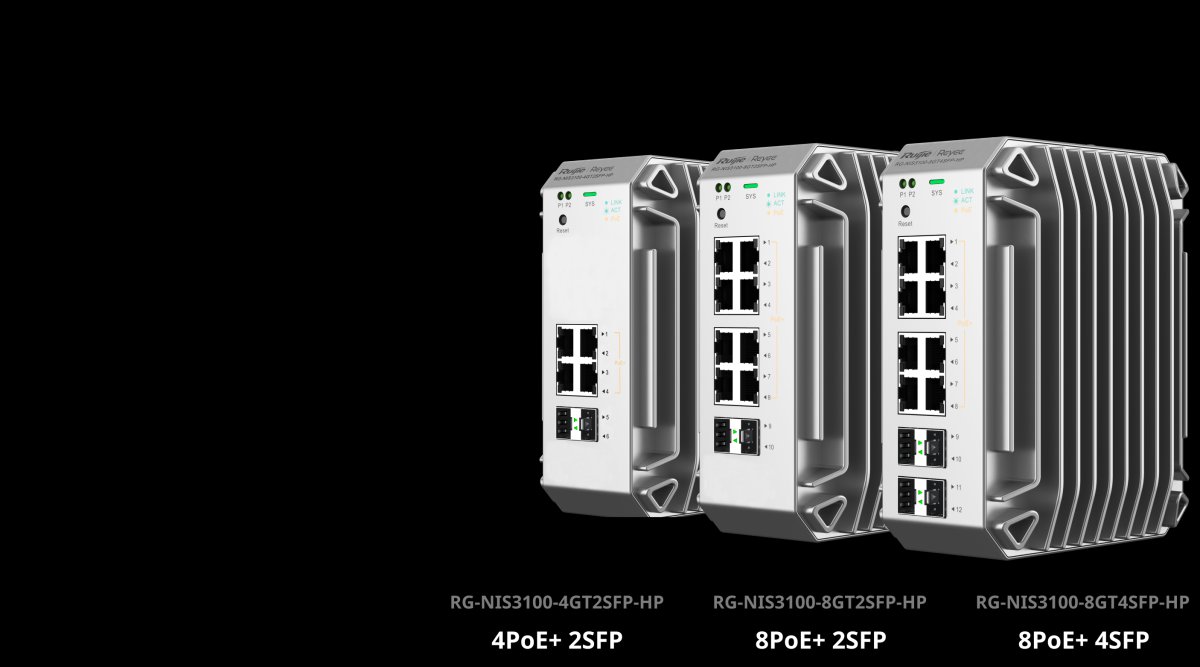 Ba phiên bản switch công nghiệp Ruijie NIS3100: 4 PoE+ 2 SFP, 8 PoE+ 2 SFP, 8 PoE+ 4 SFP
