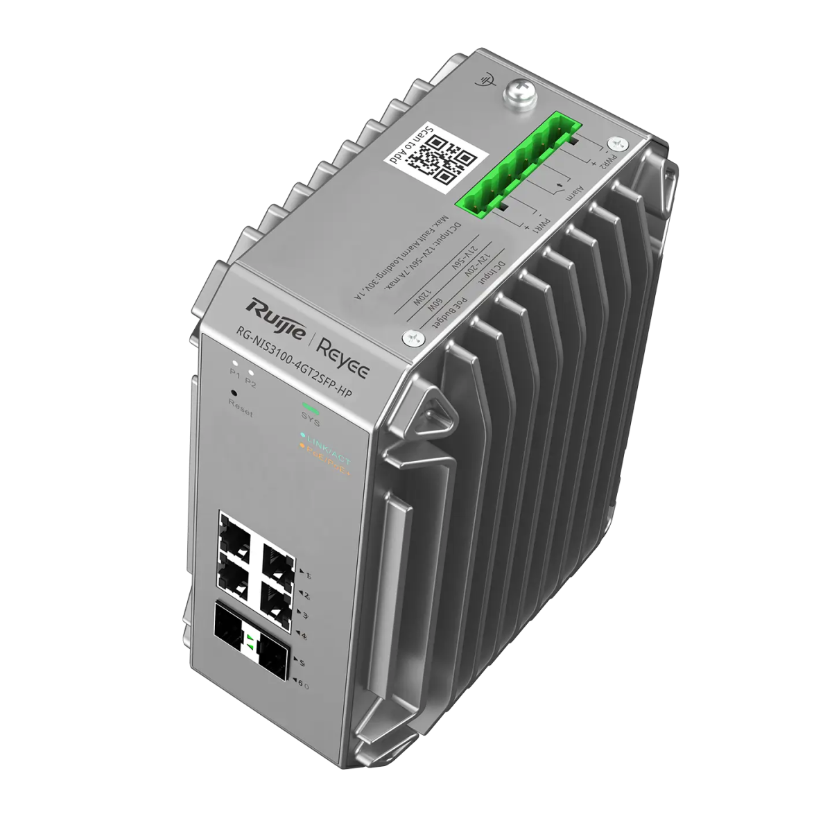 Mặt trên switch RG-NIS3100-4GT2SFP-HP: cầu đấu nguồn DC và nhãn công suất PoE