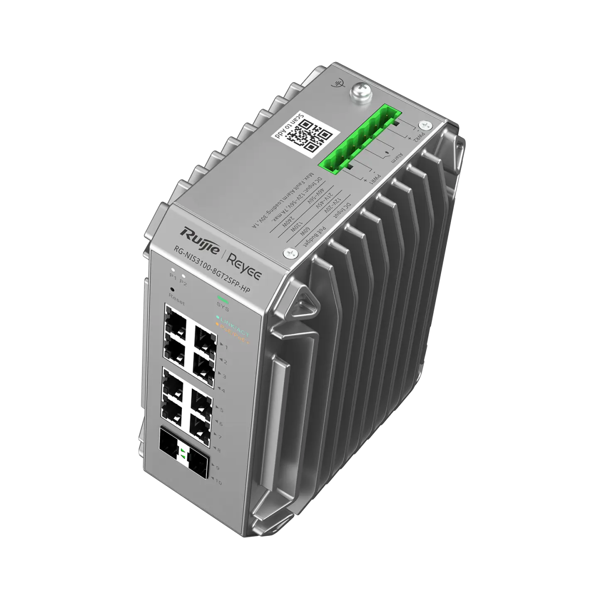 Mặt trên switch RG-NIS3100-8GT2SFP-HP: cầu đấu nguồn DC và nhãn công suất PoE