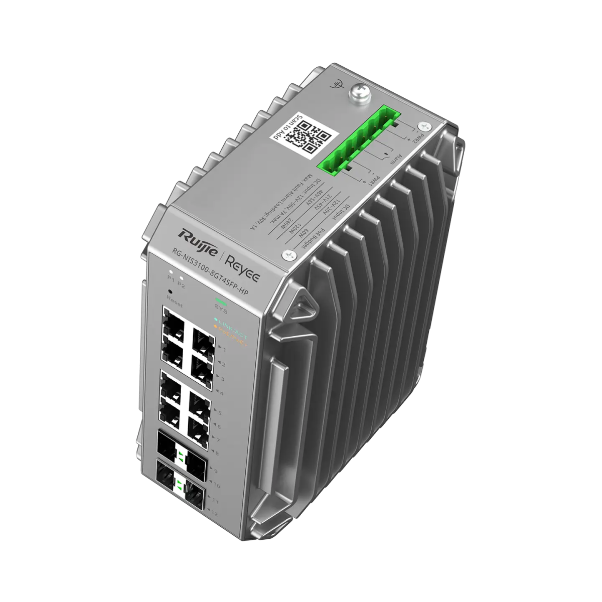 Mặt trên switch RG-NIS3100-8GT4SFP-HP: cầu đấu nguồn DC và nhãn công suất PoE