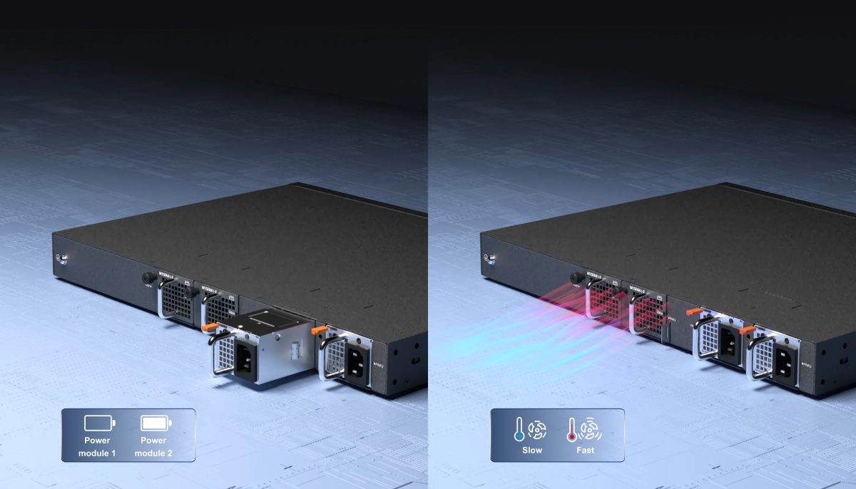 Hai module nguồn 150W thay nóng phía sau Ruijie RG-S6120-20XS4VS2QXS